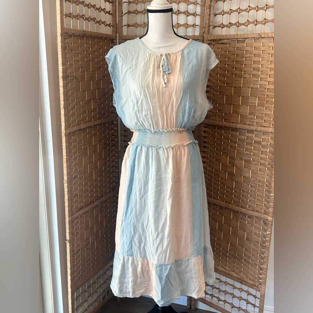 Rails Light Blue and Cream Smocked-Waist Dress